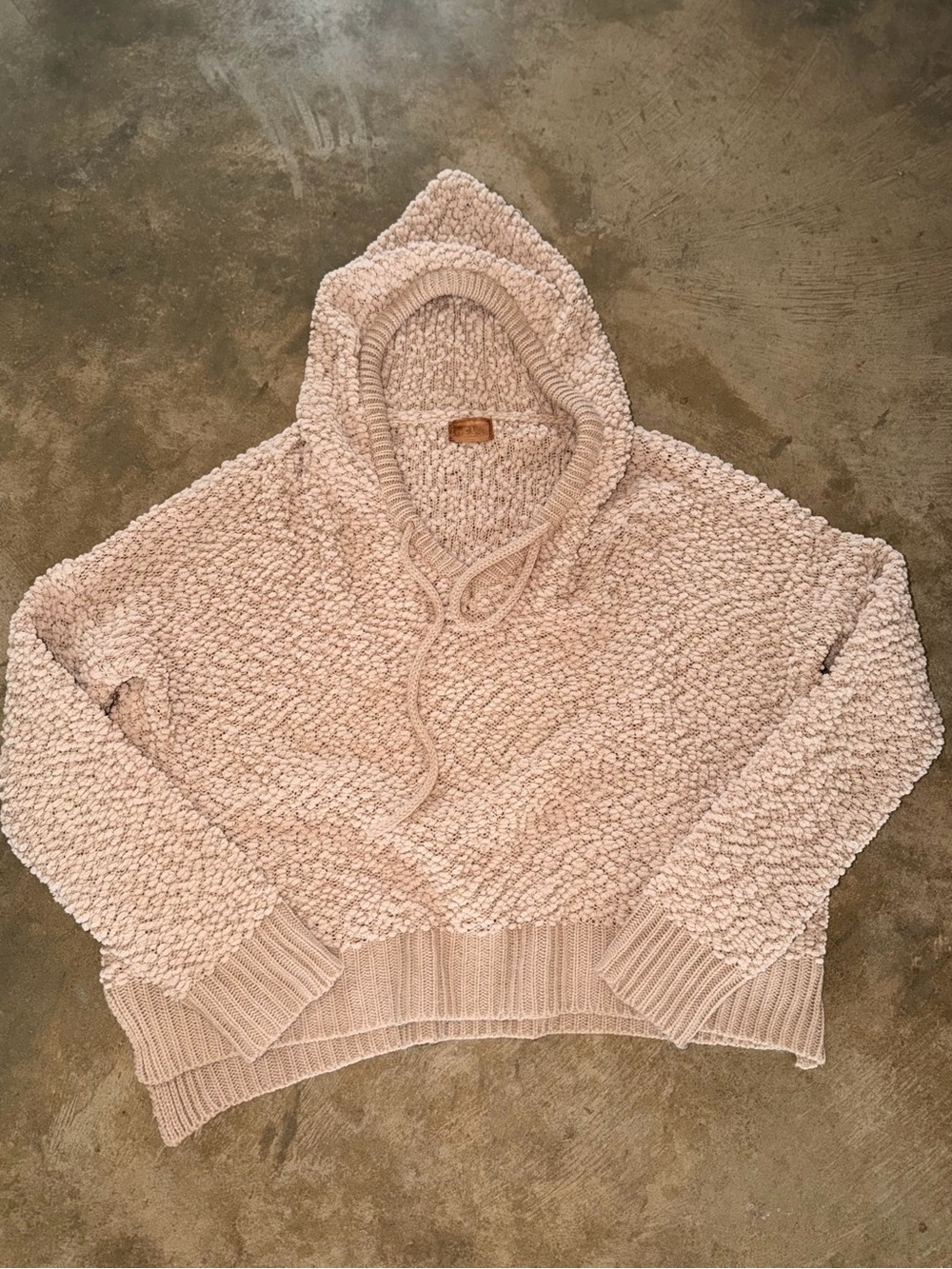 POL Beige Textured Popcorn Knit Hooded Sweater Oversized Tan Pullover L